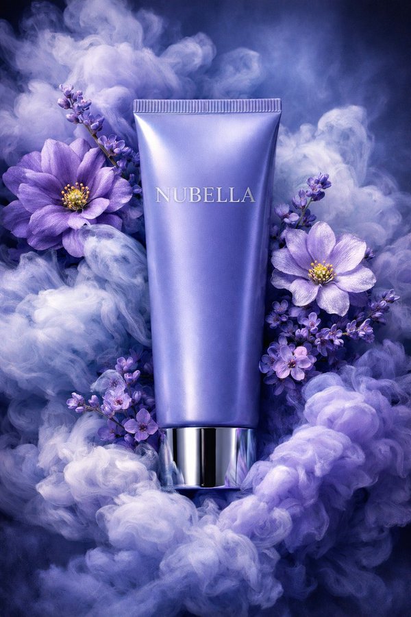 梦幻蓝紫烟雾环绕的NUBELLA奢华护肤软管