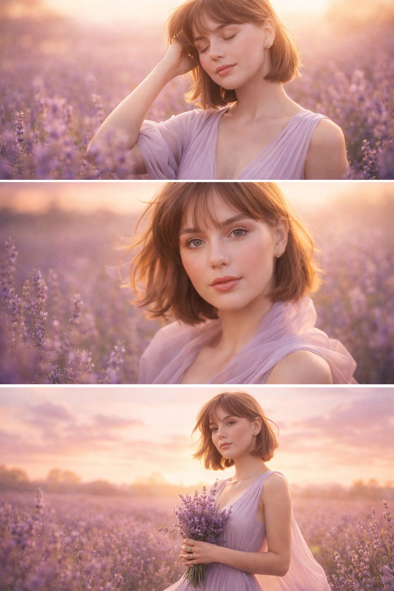 晨曦薰衣草田梦幻少女三联画