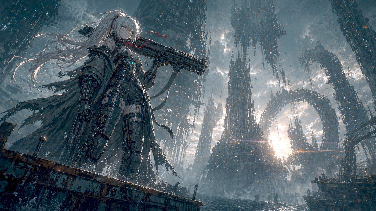 机甲少女立于废弃海城