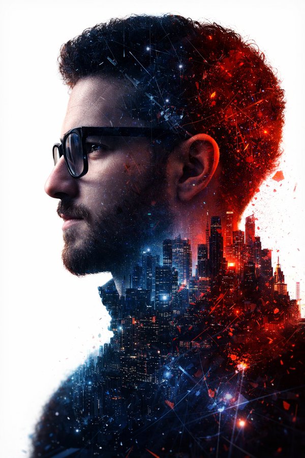 红蓝光影下的未来都市双重曝光青年