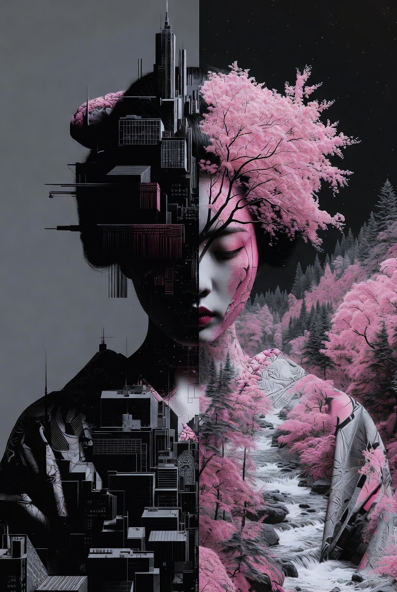 双重曝光艺术:现代人与自然的对比之美