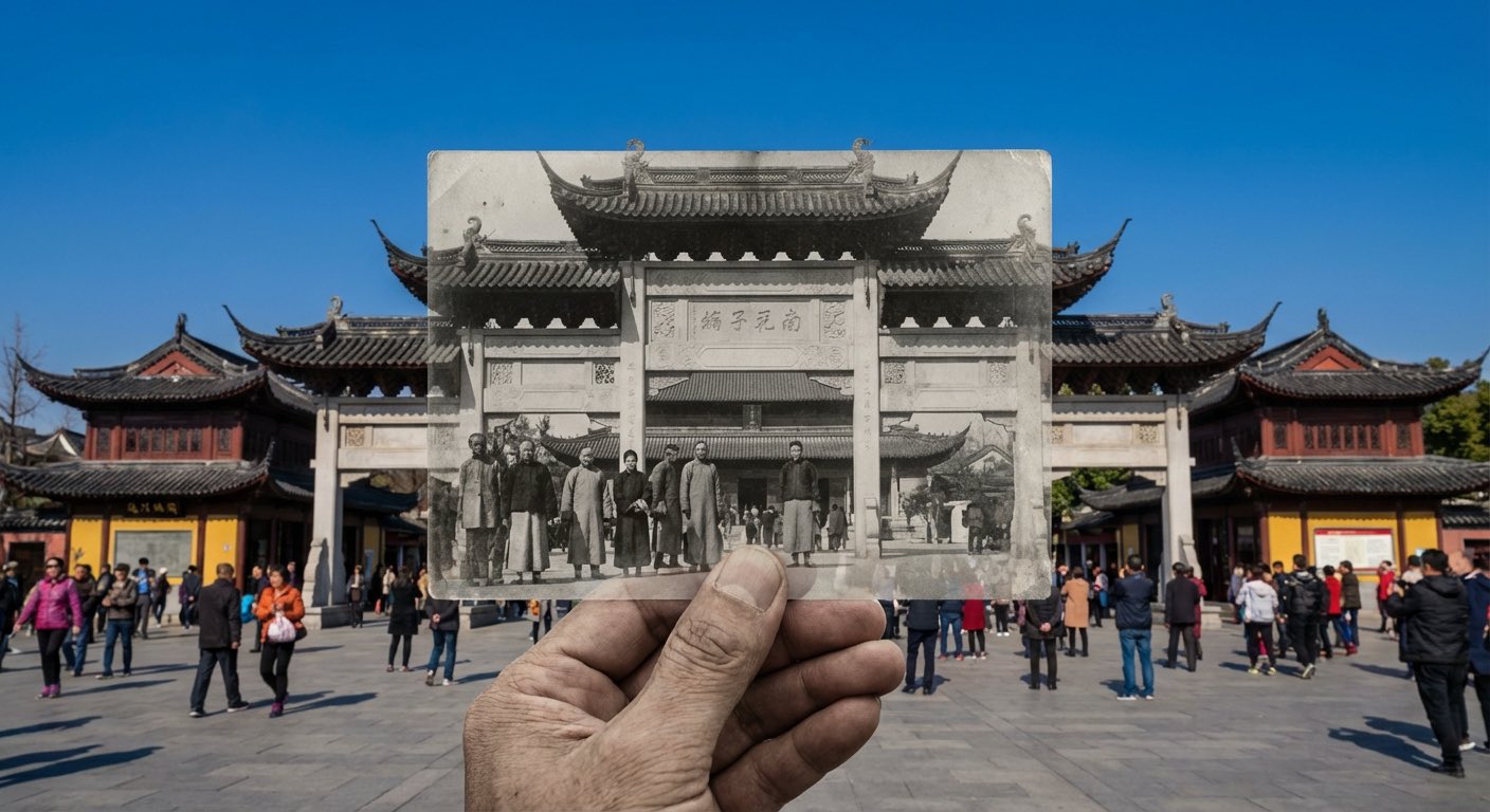 南京夫子庙黑白老照片与现代建筑的超真实叠加