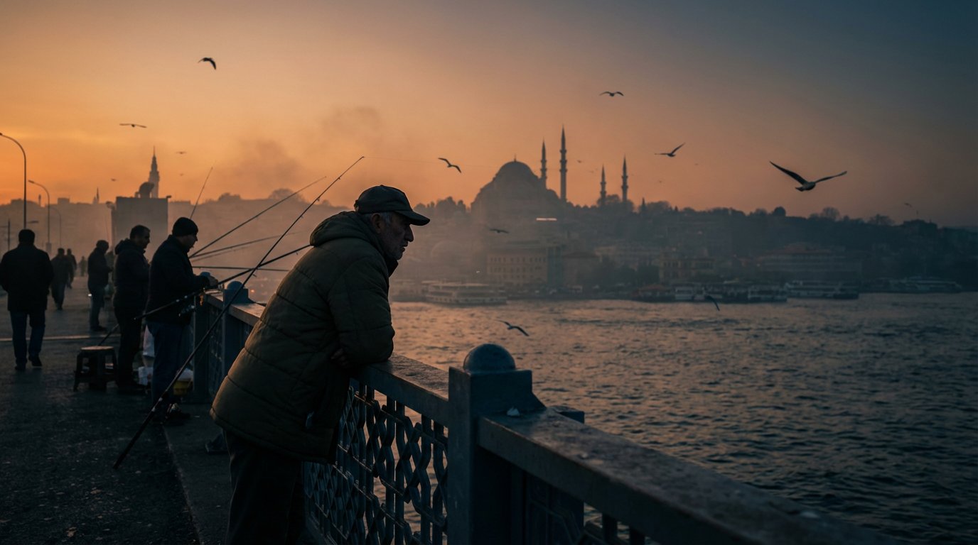 A cinematic silhouette shot of local fishermen lining the Gal...