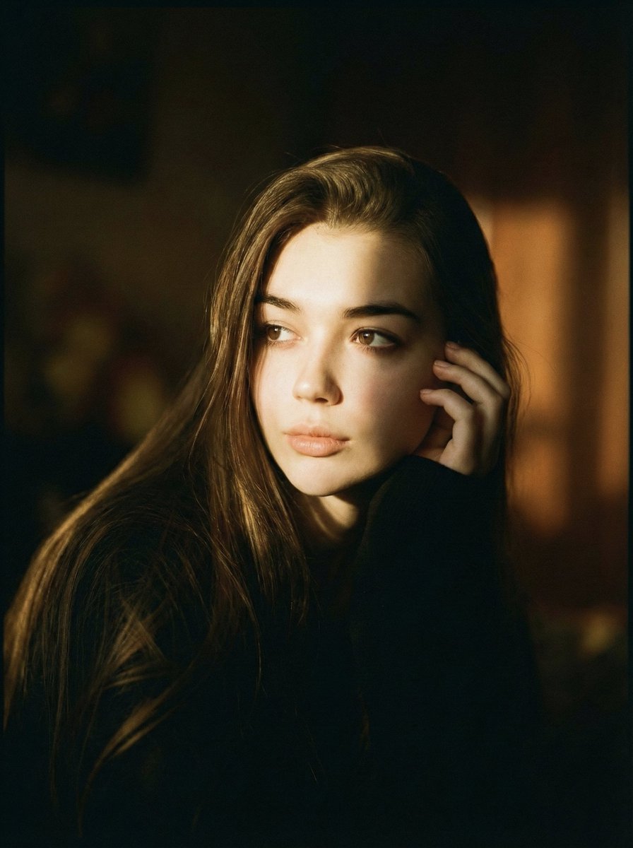 A cinematic portrait of a person is sitting in soft dramatic...