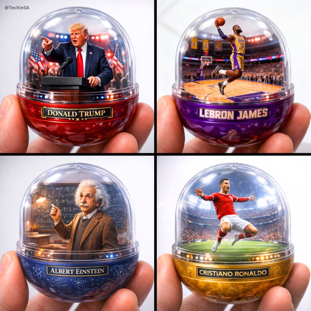 A detailed transparent gashapon capsule diorama, held between...