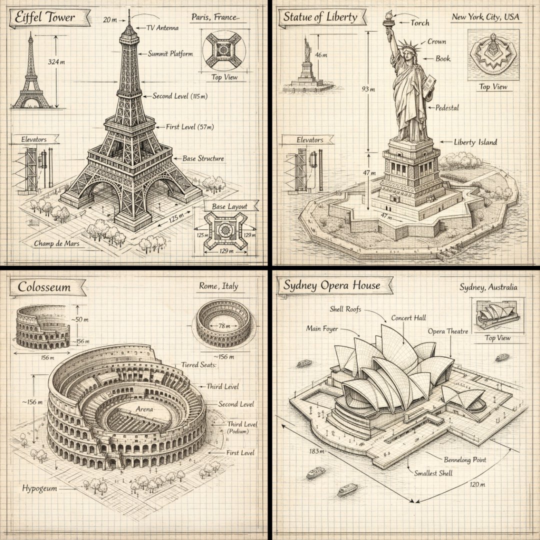 Create a hand drawn isometric schematic diagram of [LANDMARK]...