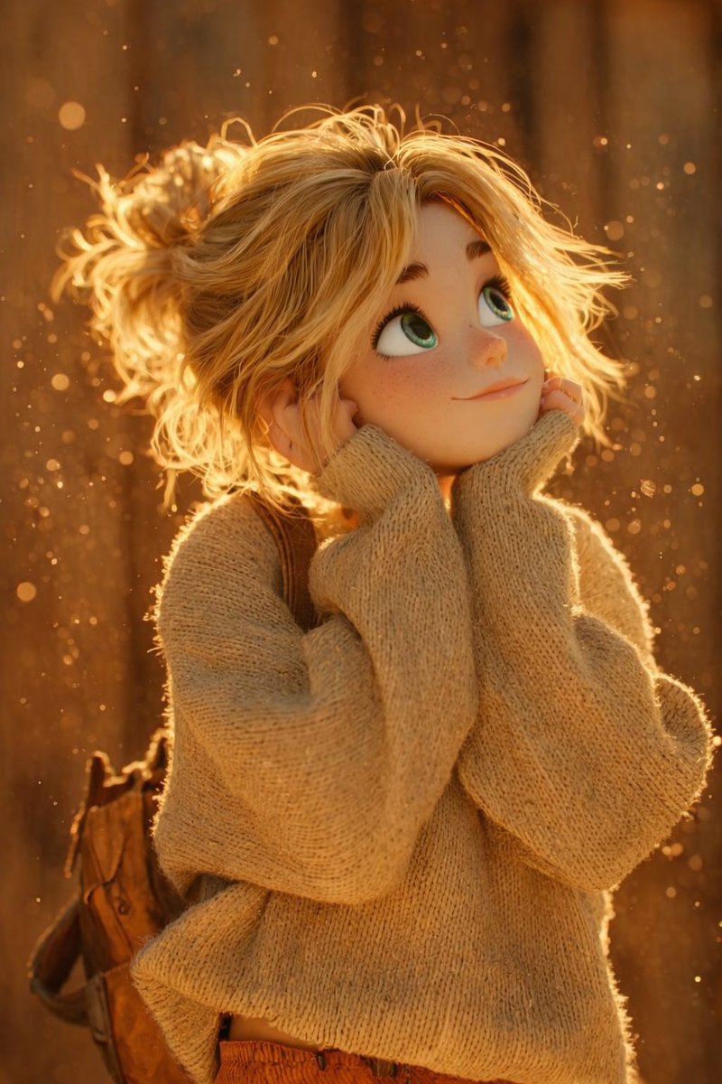 The scene is lit by warm golden hour sunlight, with glowing d...