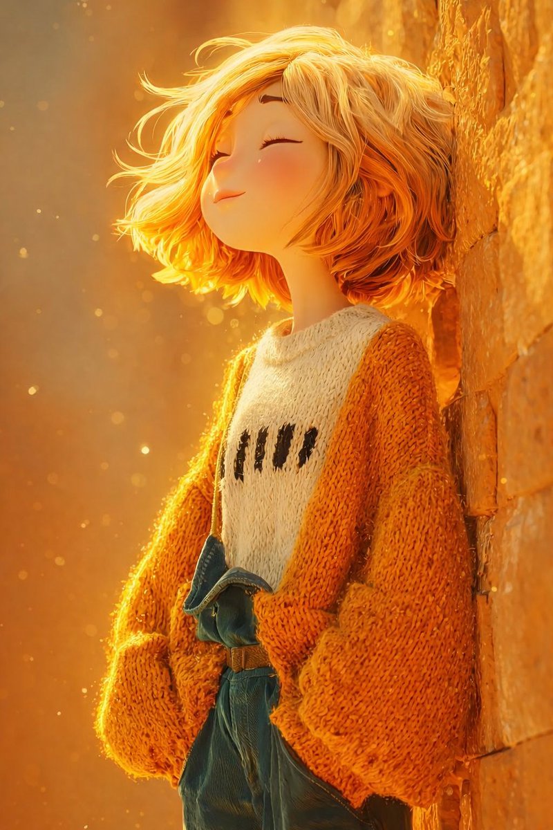 The scene is lit by warm golden hour sunlight, with glowing d...