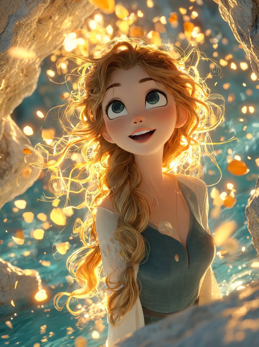 A dreamy, cinematic 3D animated girl with big expressive eyes...