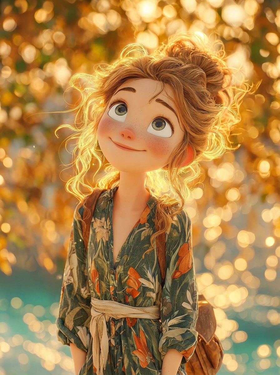 A dreamy, cinematic 3D animated girl with big expressive eyes...