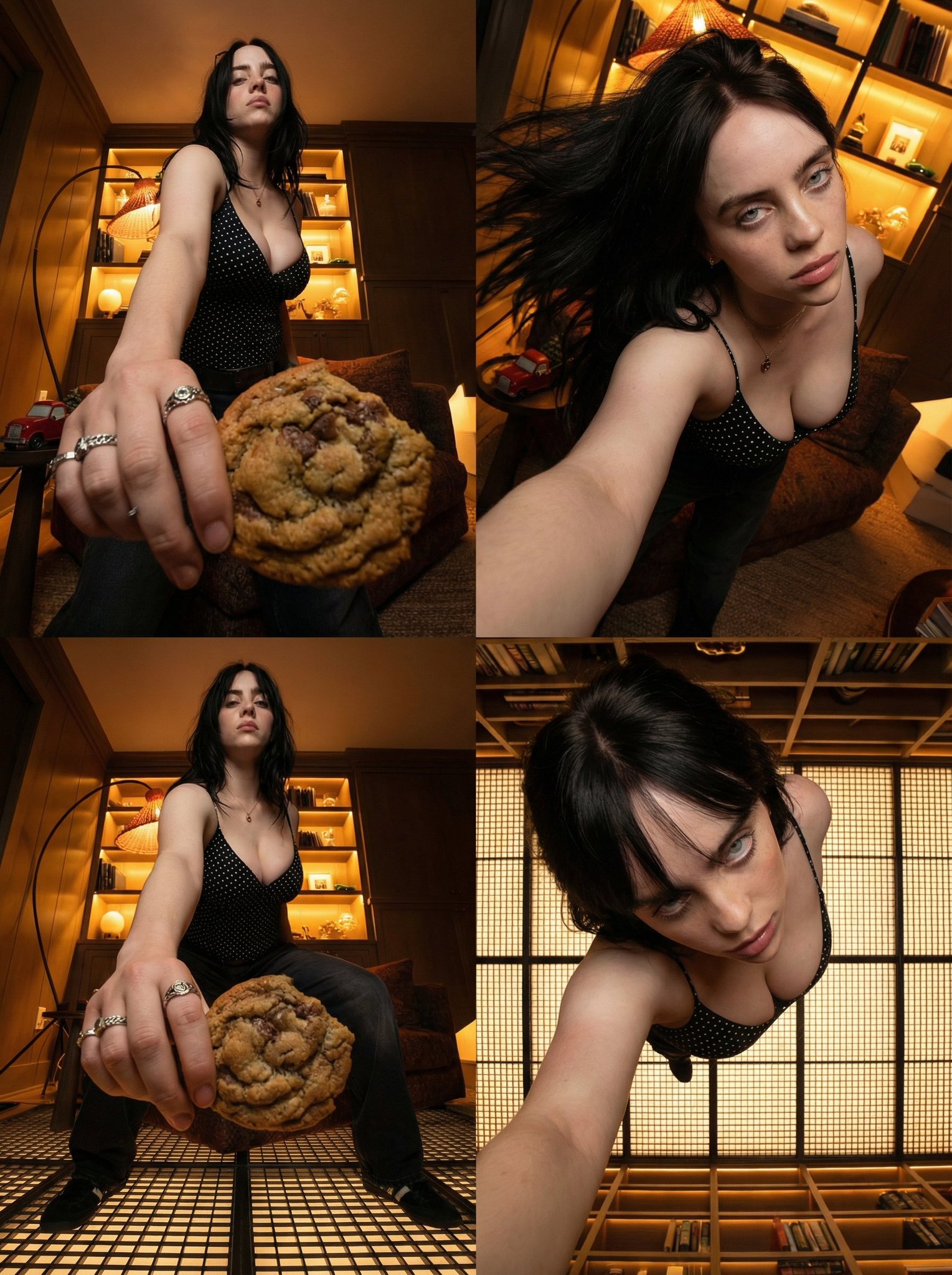 Create a 2x2 cinematic grid featuring the same characters and...