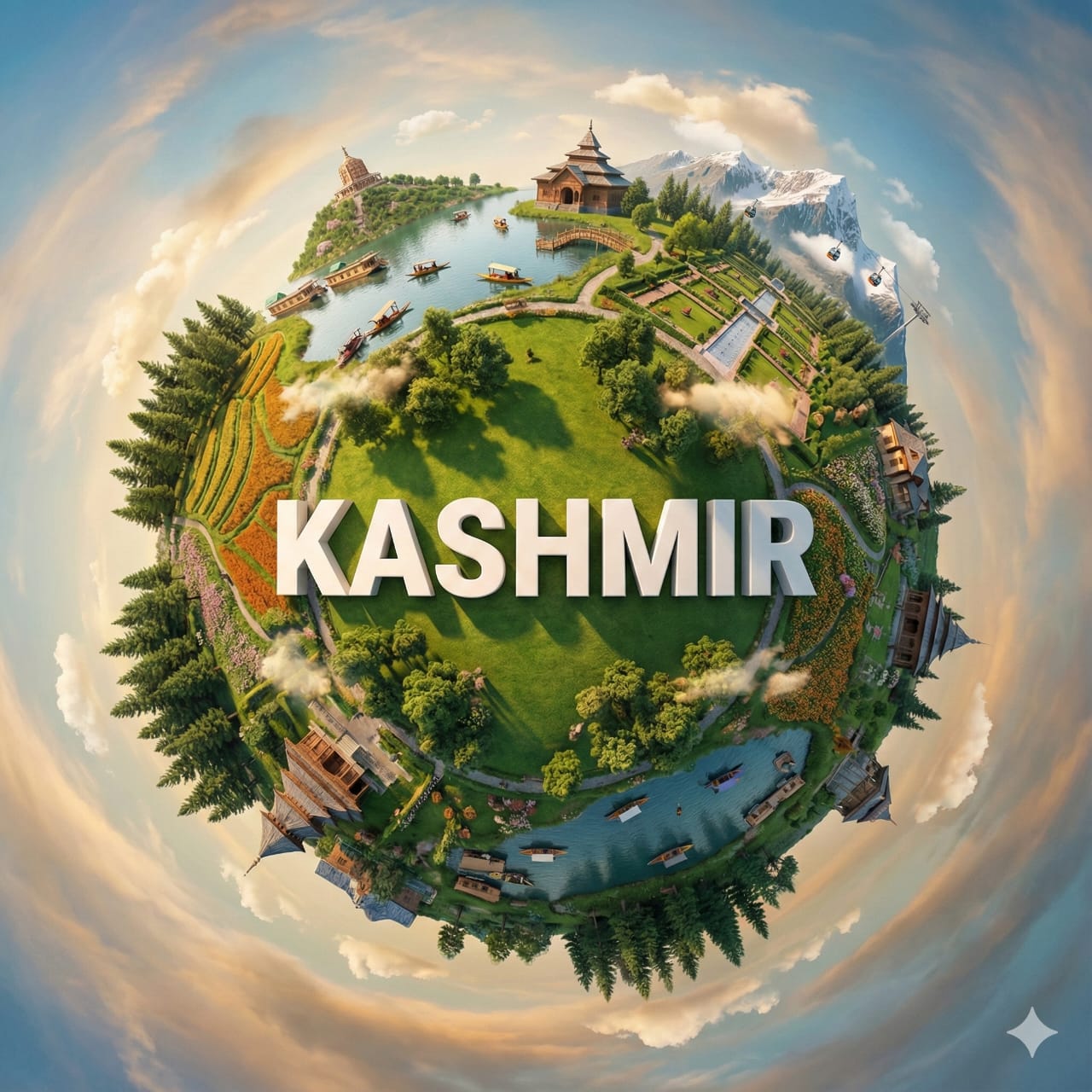 Create a hyper realistic miniature planet showcasing [KASHMIR...