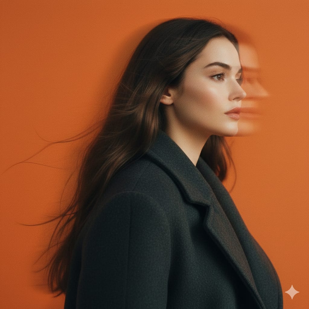 A panning studio portrait of a mysterious female figure captu...