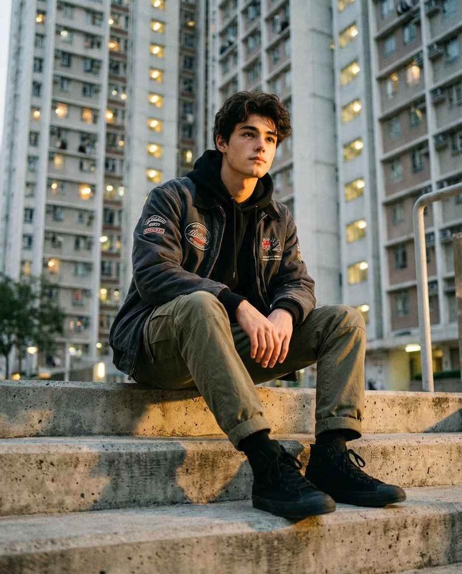 A stylish young man sitting confidently on raw concrete steps...