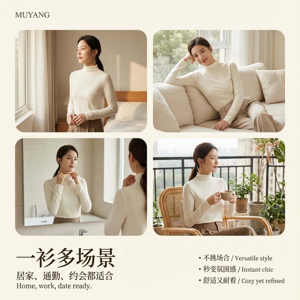 9：16竖版高端极简时尚产品海报。柔和摄影棚自然日光，温暖米白渐变背景（奶油色、燕麦色），画面极致干净。精致亚洲女性模特（...