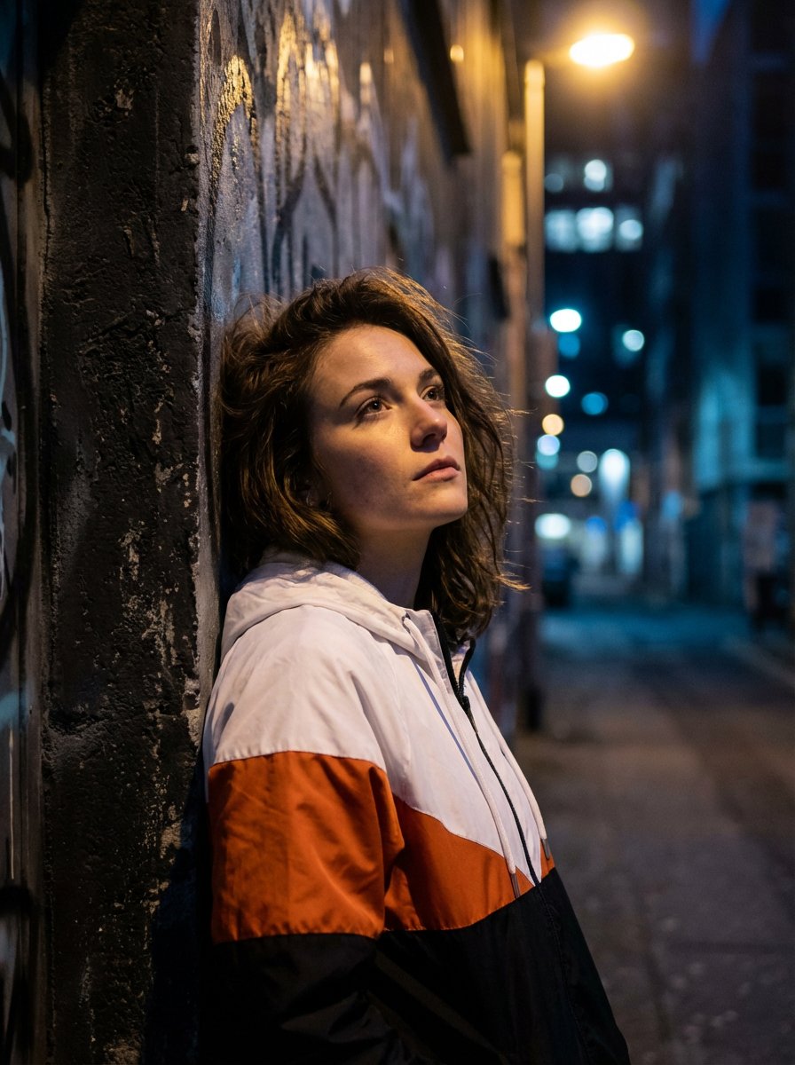 A young women with tousled brown hair, wearing a white, orang...
