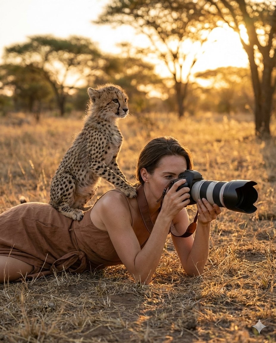 Ultra realistic wildlife photography scene: An elegant woman...