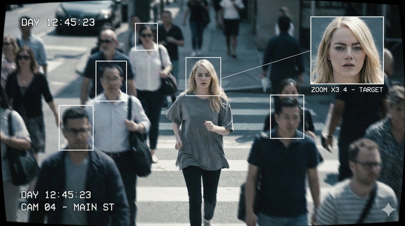 城市监控画面中的名人肖像识别标记与放大焦点效果