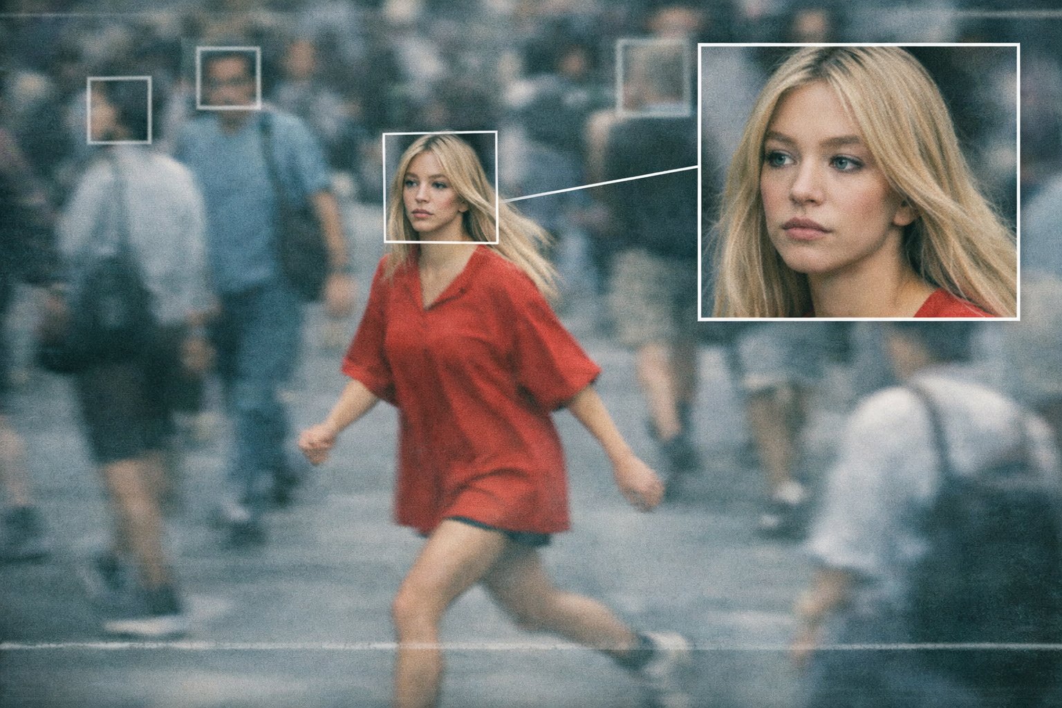 城市监控画面中的名人肖像识别标记与放大焦点效果