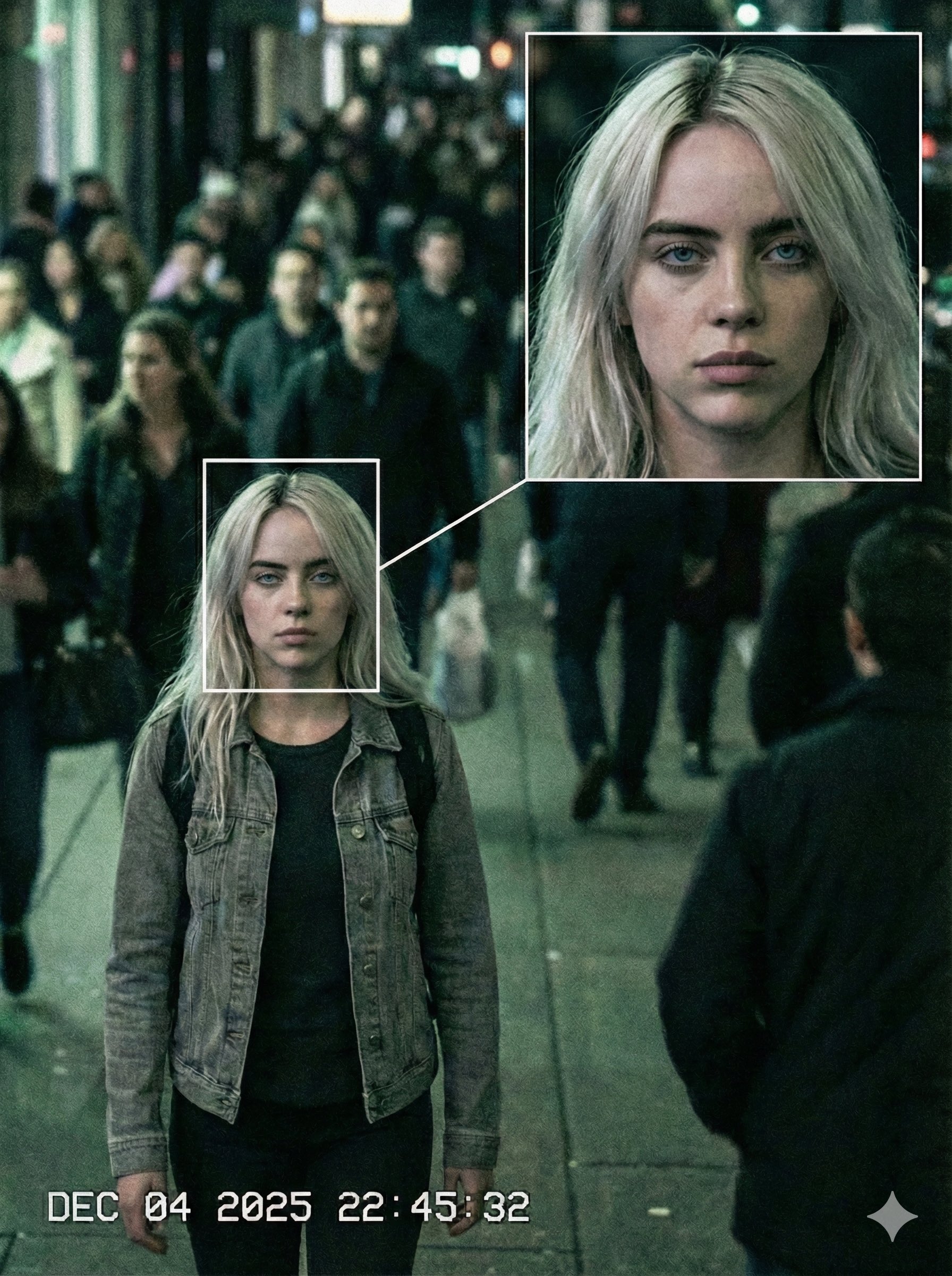 城市监控画面中的名人肖像识别标记与放大焦点效果