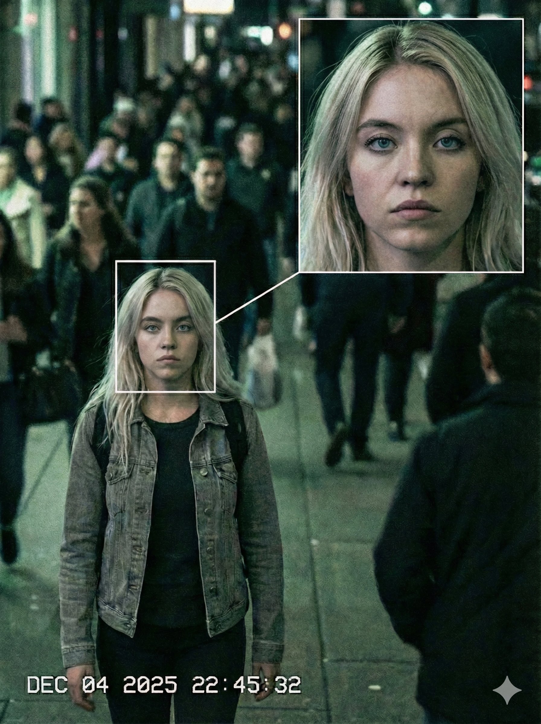 城市监控画面中的名人肖像识别标记与放大焦点效果