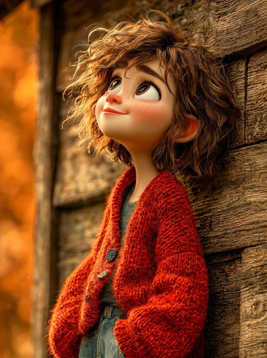 1. A stylized 3D animated girl with short messy curly ginger...
