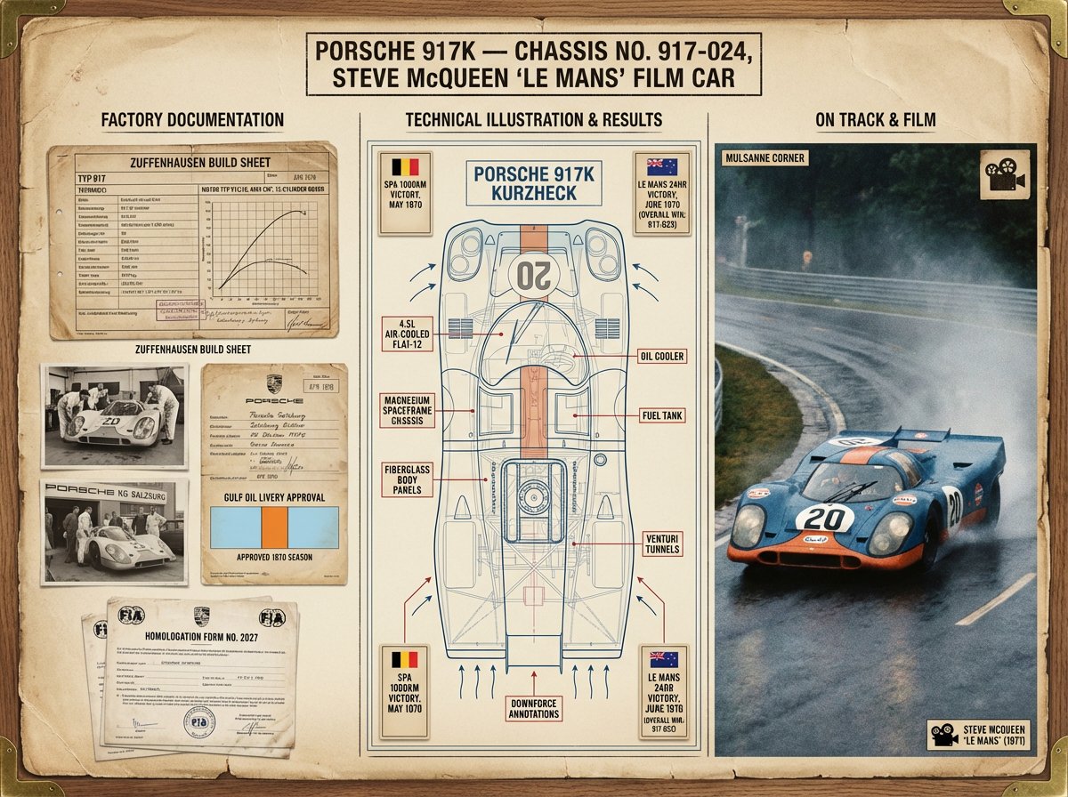 A marque historian's documentation board for [VEHICLE] — [MOD...