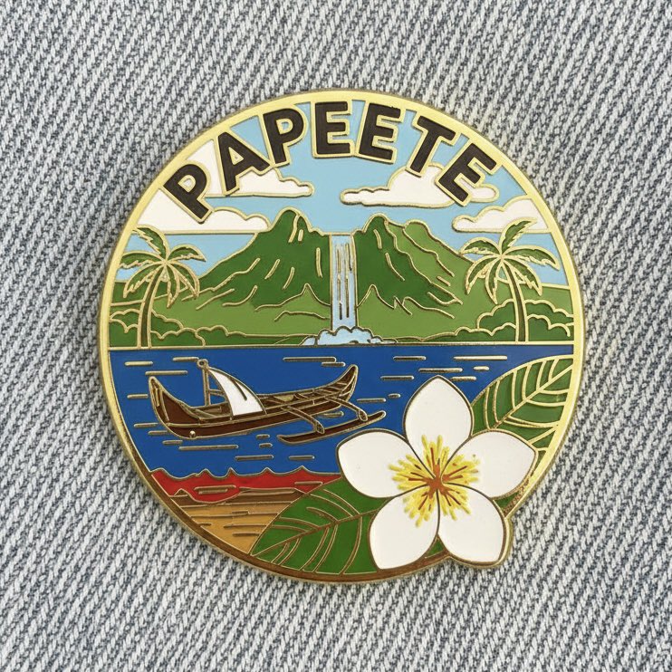 Close up photo of a collectible enamel pin of [CITY], gold pl...