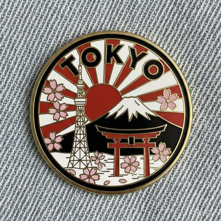Close up photo of a collectible enamel pin of [CITY], gold pl...