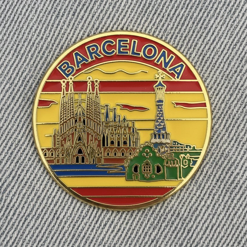 Close up photo of a collectible enamel pin of [CITY], gold pl...