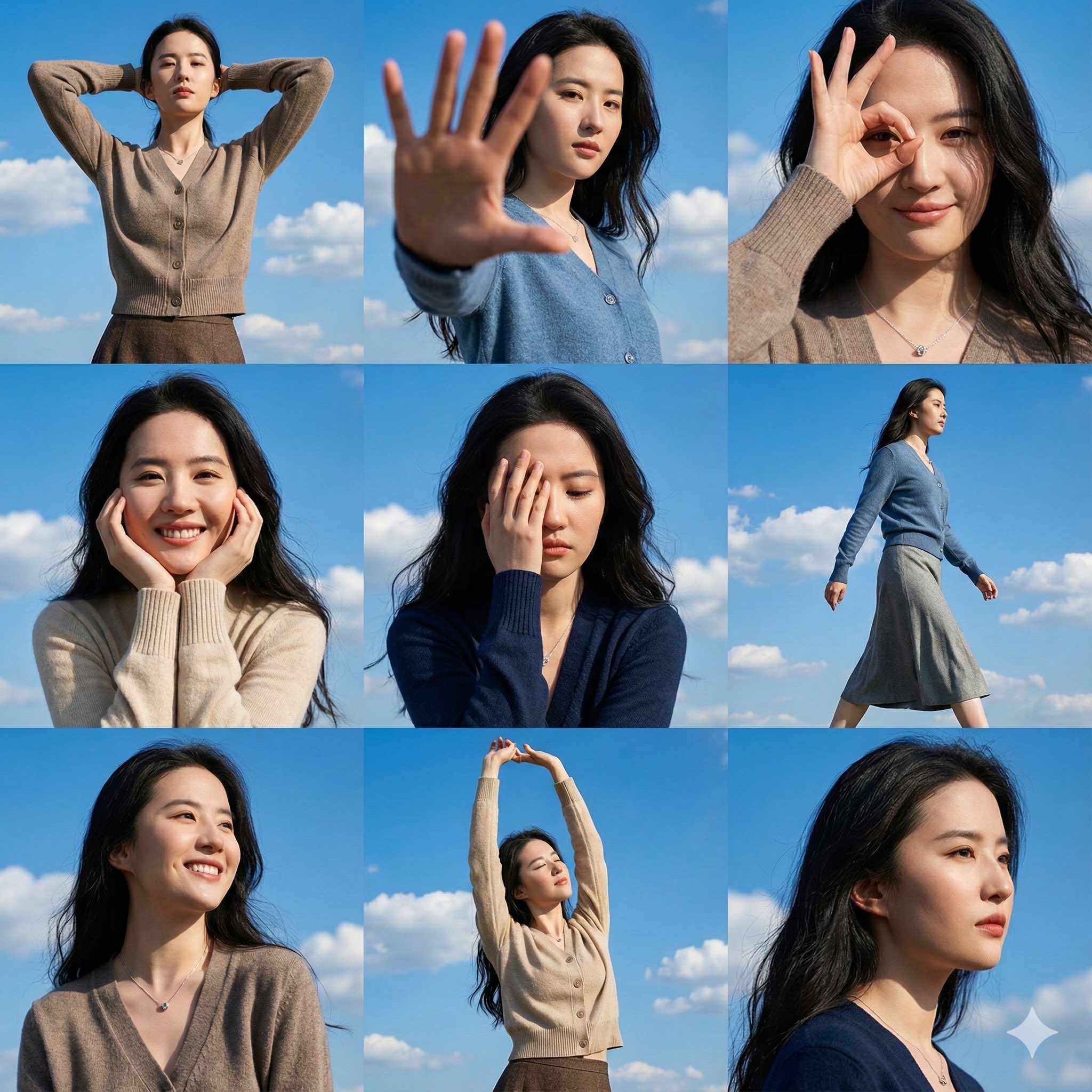 一张高分辨率的3x3网格照片拼贴,包含九个不同的动态姿势,以上传的女性面部照片为参考,背景是充满活力的蔚蓝天空,点缀着朵朵...