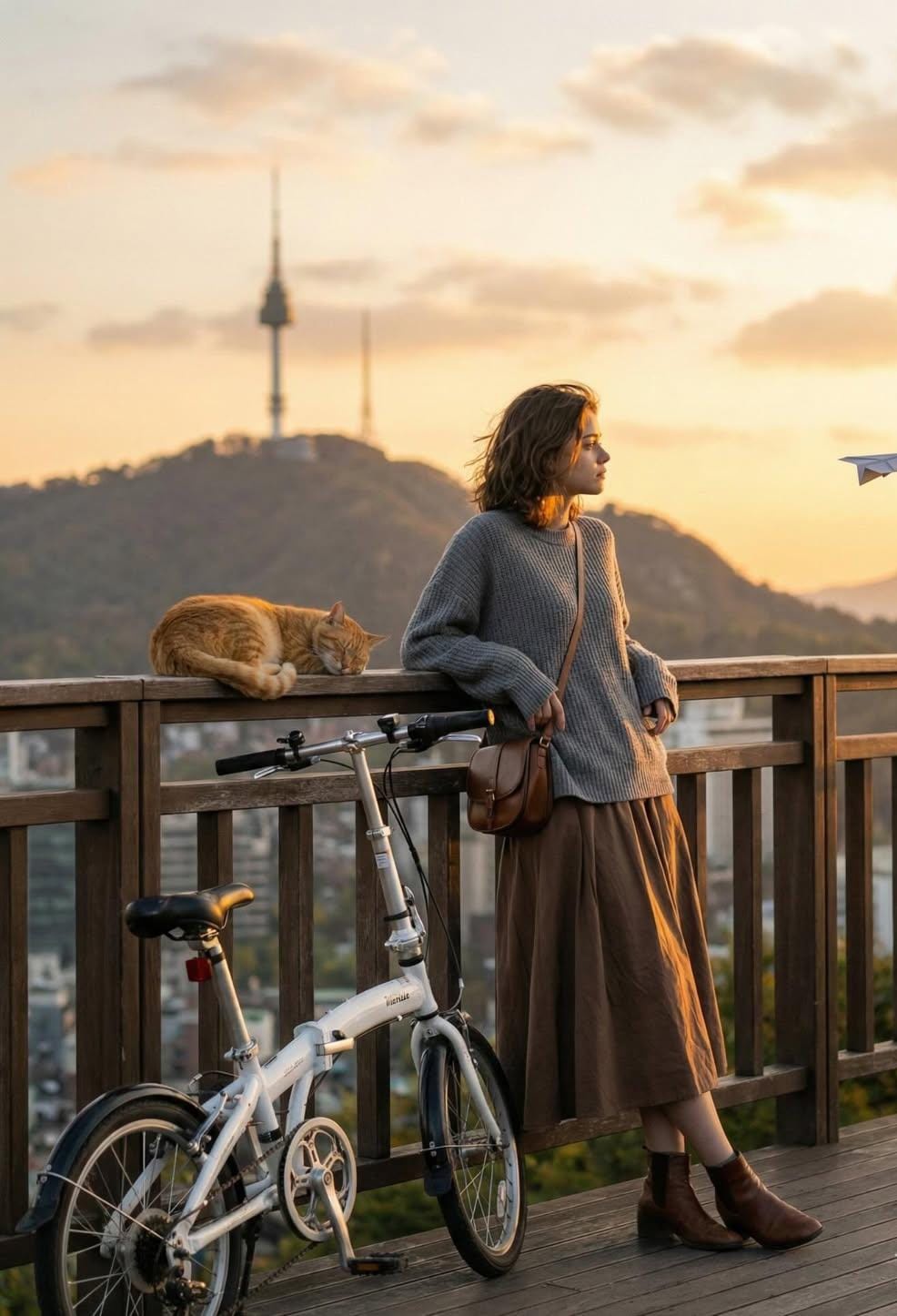 A cinematic golden hour photograph of a young woman standing...
