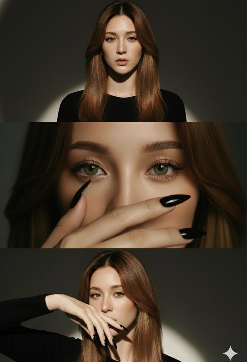 "Objective": "Create a high fashion editorial studio portrait...