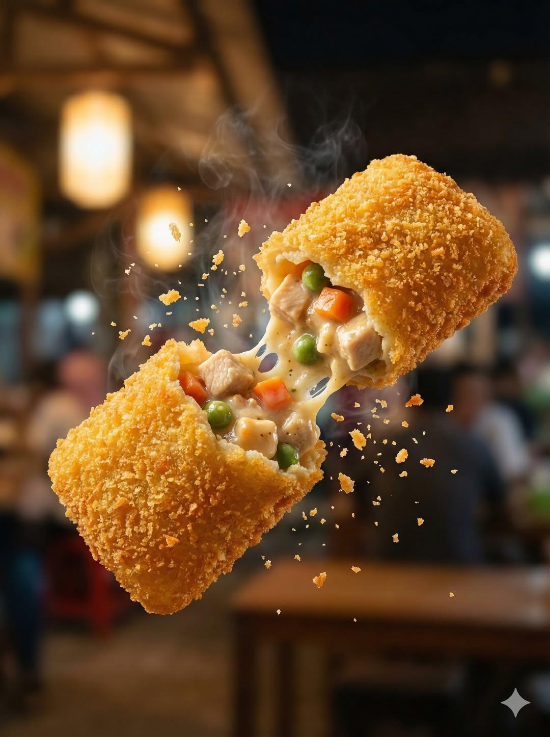 "Macro food photography of a crispy martabak telur tearing op...