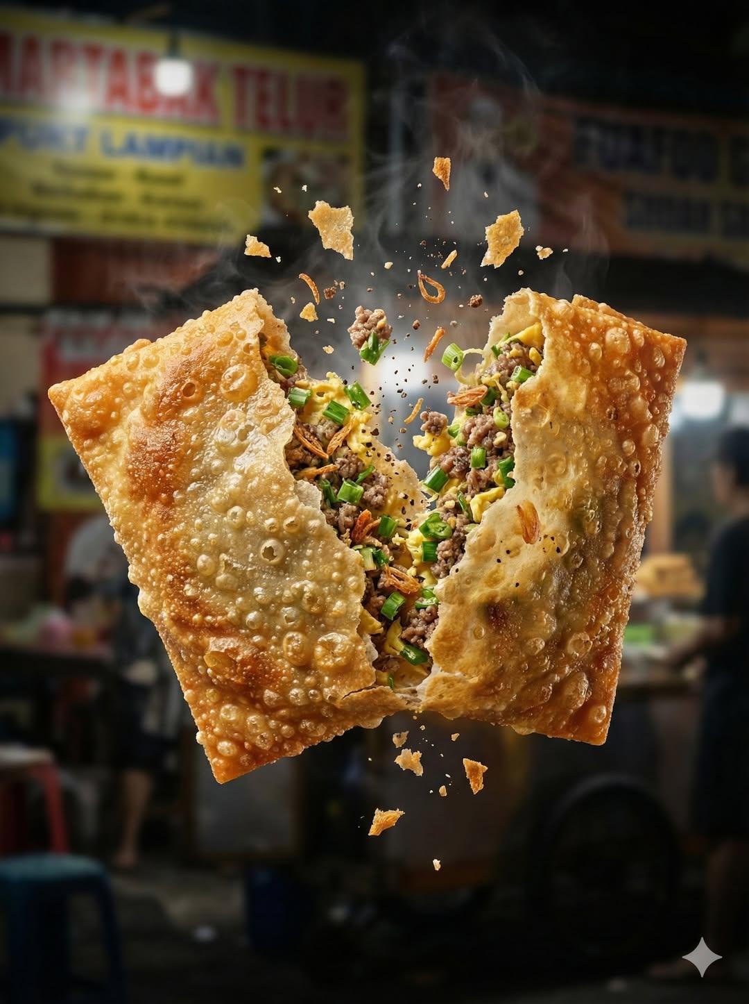 "Macro food photography of a crispy martabak telur tearing op...