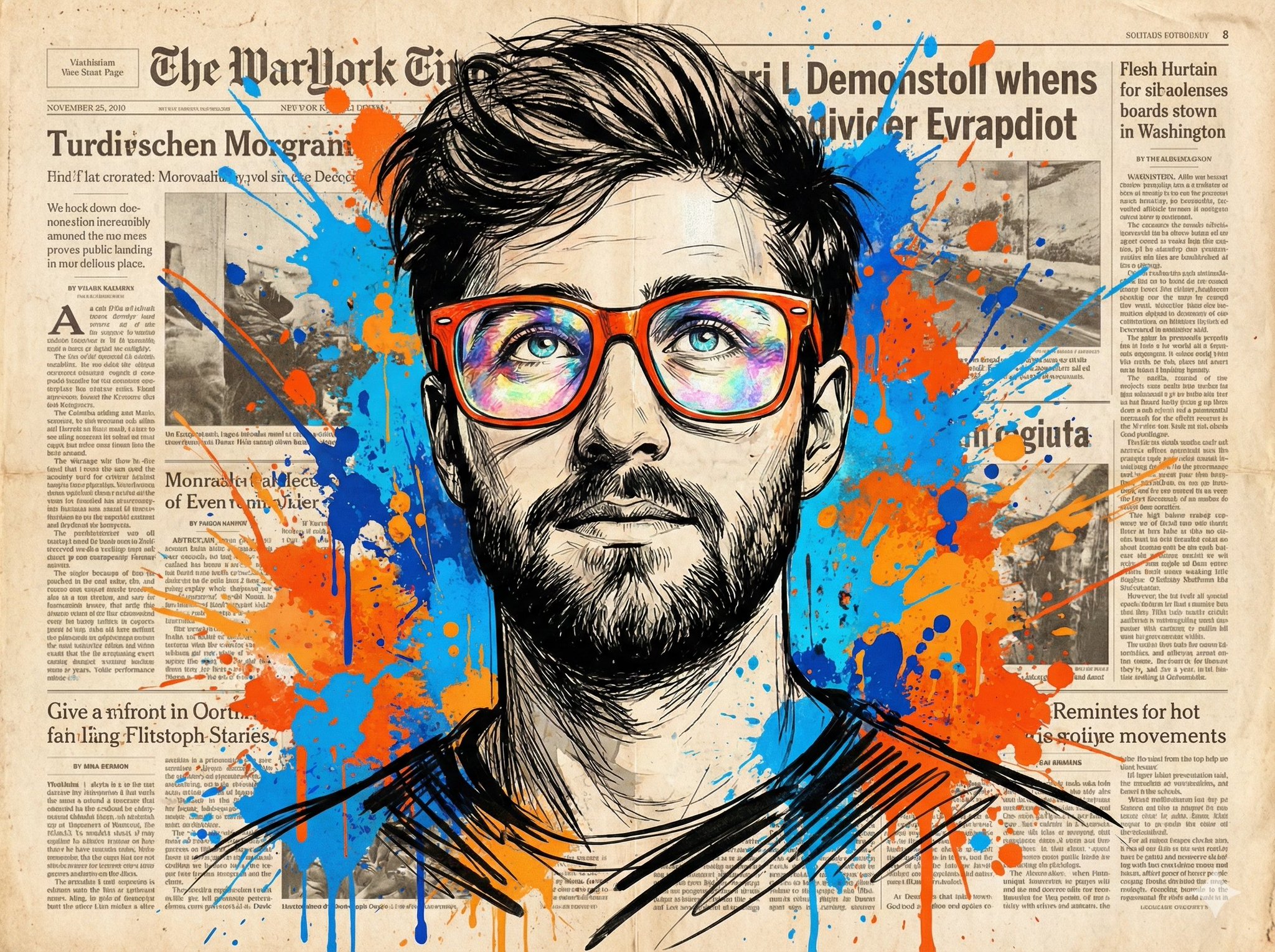 Vibrant expressive portrait of a man looking upwards with won...