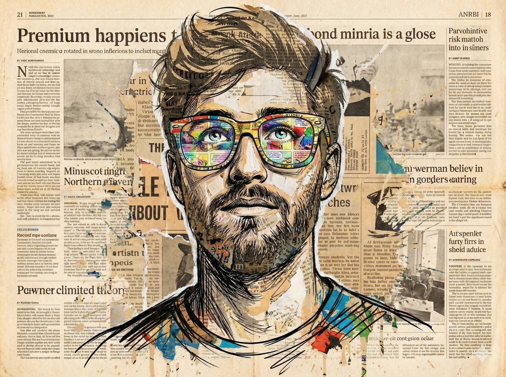 Vibrant expressive portrait of a man looking upwards with won...