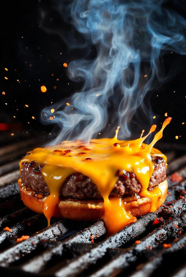 A hyper realistic, cinematic close up of a sizzling gourmet c...