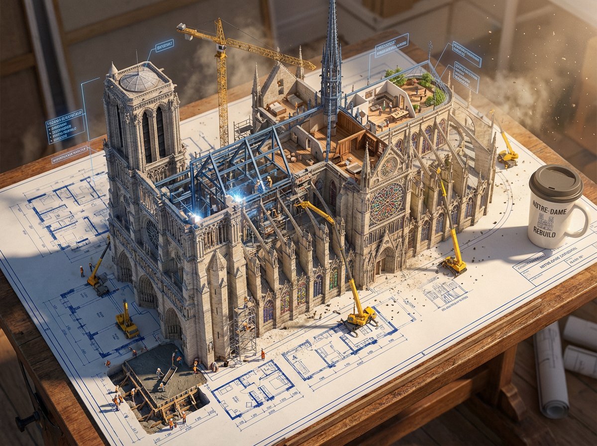 Epic 3D scene: a massive architectural blueprint of [BUILDING...