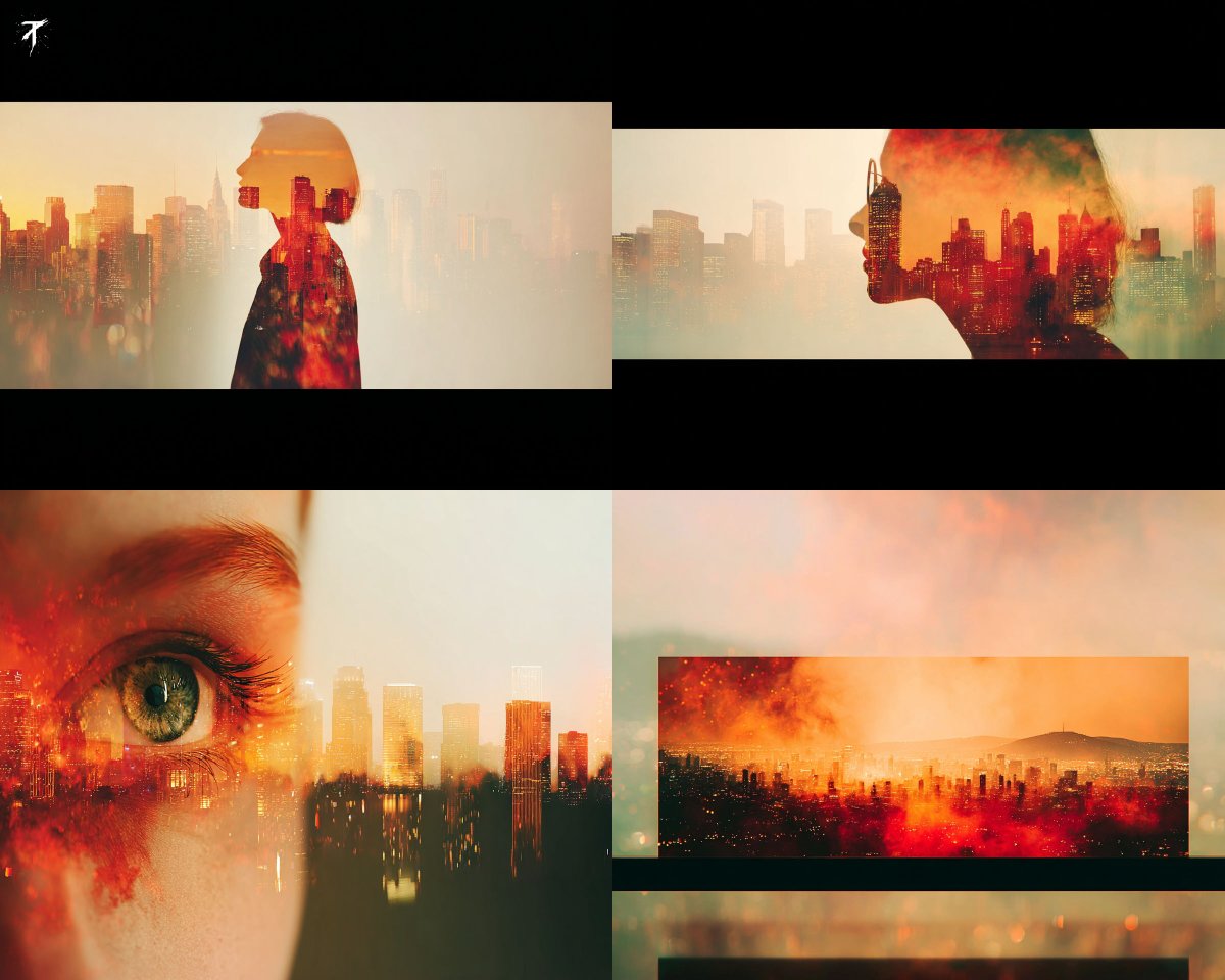Double exposure portraits with glowing cityscapes, warm light...