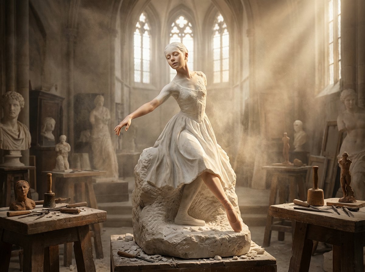 A half finished marble sculpture in a dusty Renaissance works...