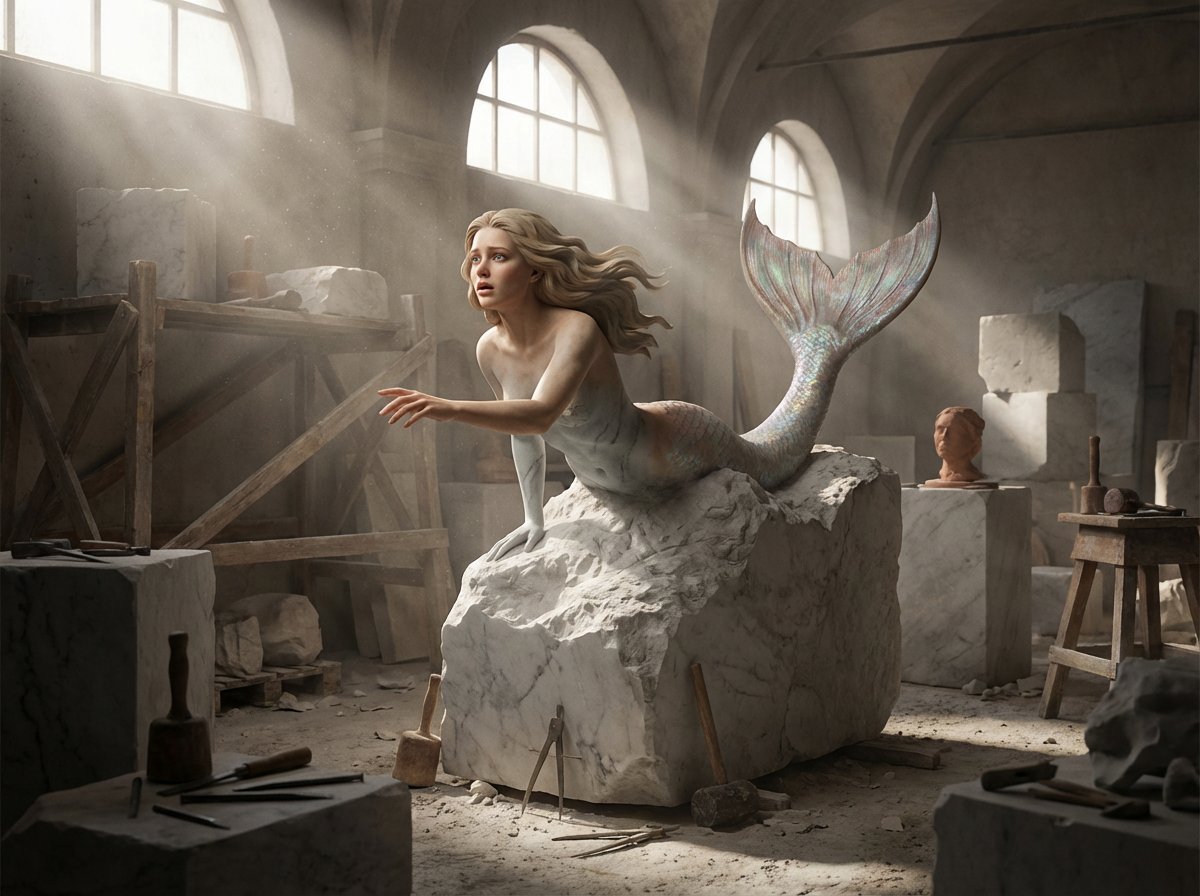 A half finished marble sculpture in a dusty Renaissance works...