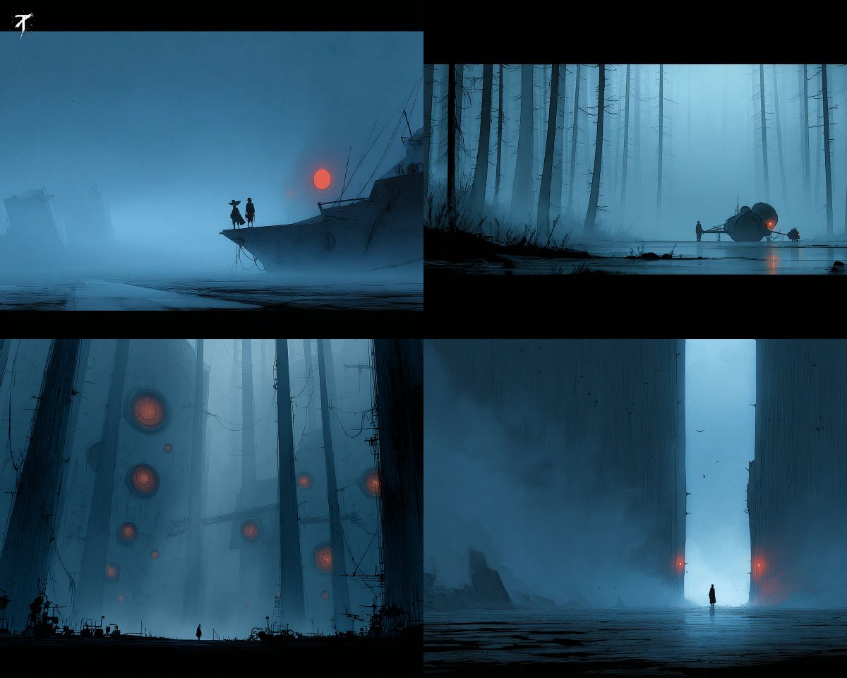 This SREF creates a cold sci fi mood with foggy blues, massiv...