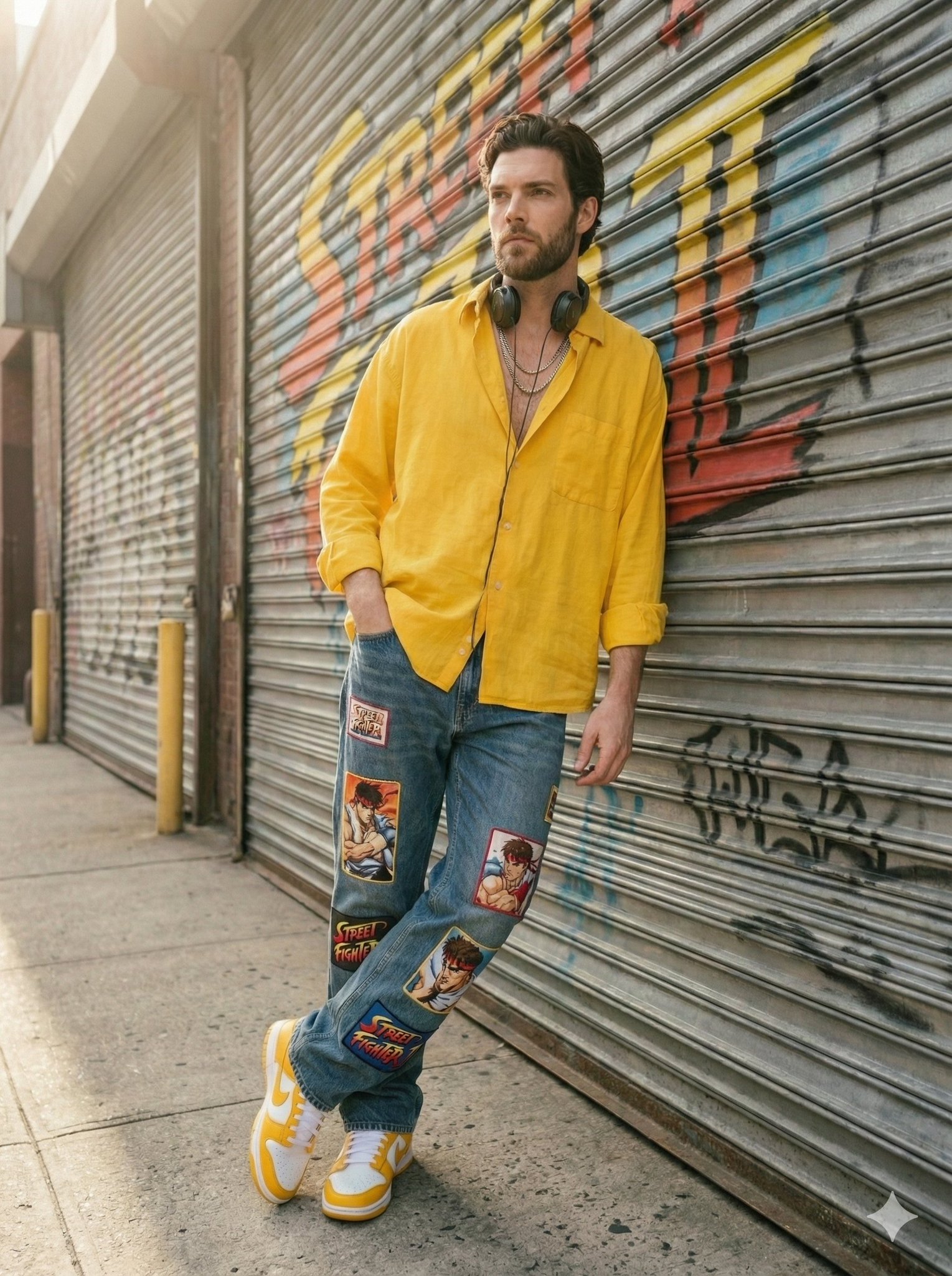 Sunlit urban streetwear portrait of a stylish young man sitti...