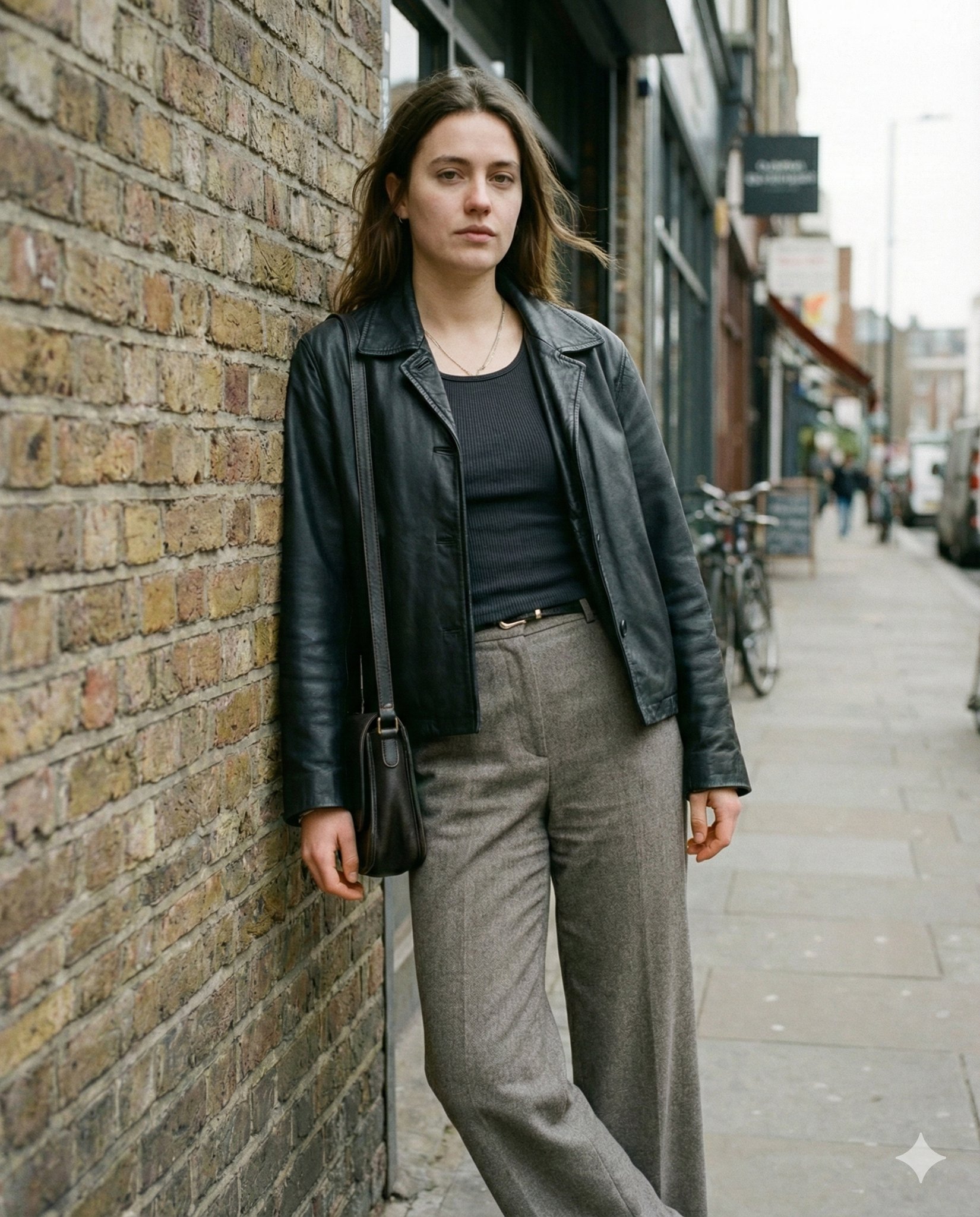 "scene": "Urban street portrait on a quiet city sidewalk",