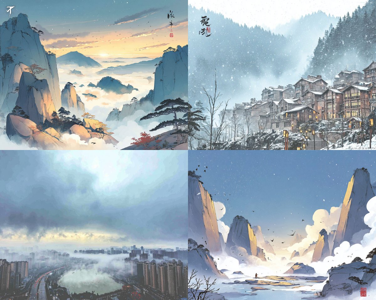 A poetic ink and paint style with misty peaks, soft skies, an...