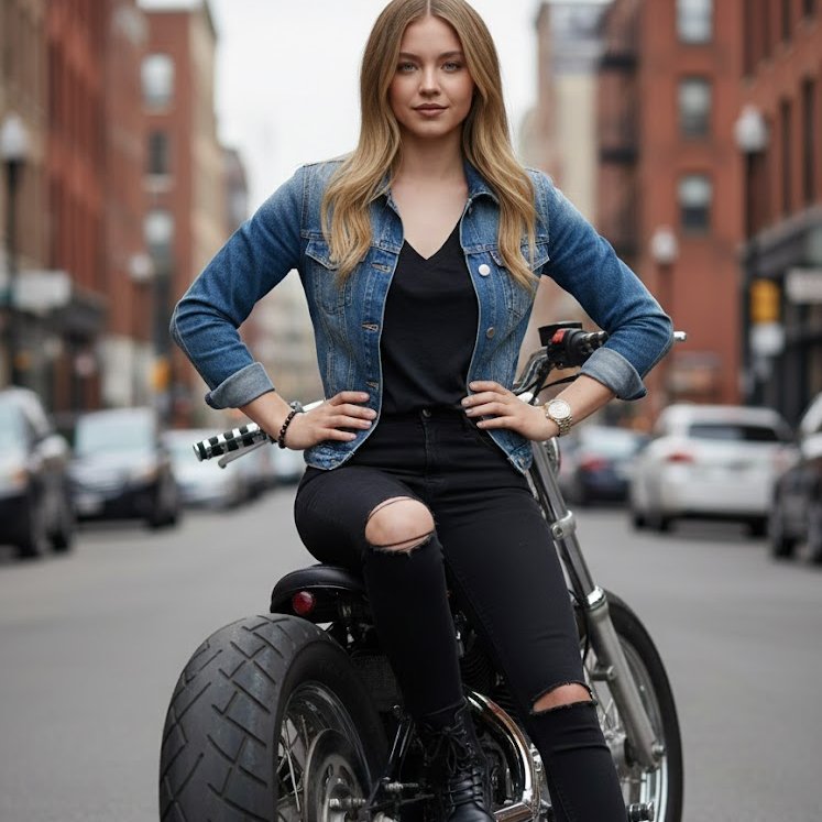 A full length portrait of a woman with a biker chic style, si...