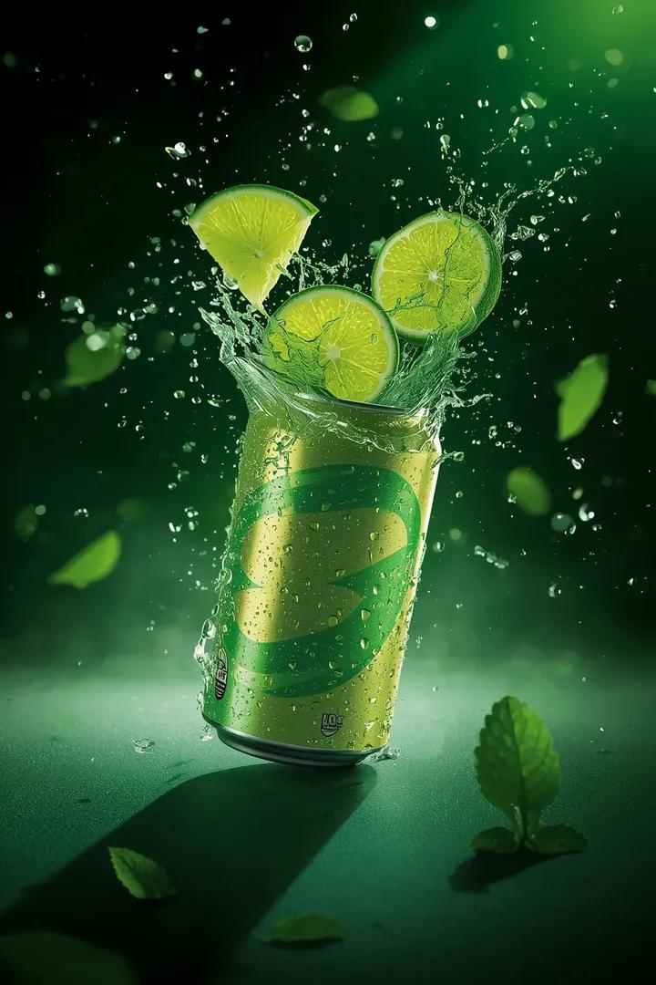 Ultra cinematic beverage advertising shot of a sparkling lime...