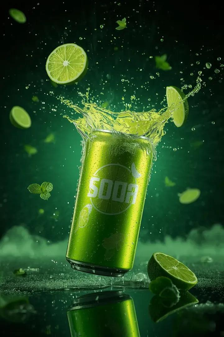 Ultra cinematic beverage advertising shot of a sparkling lime...