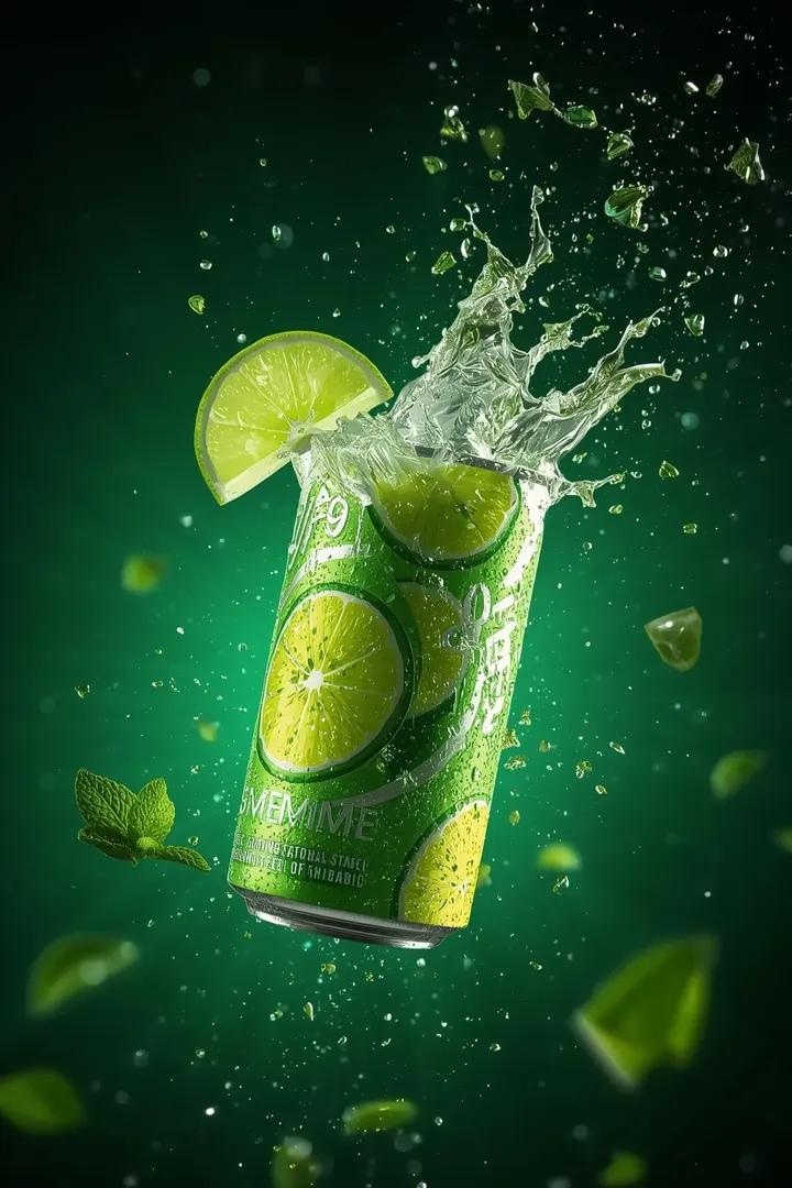 Ultra cinematic beverage advertising shot of a sparkling lime...